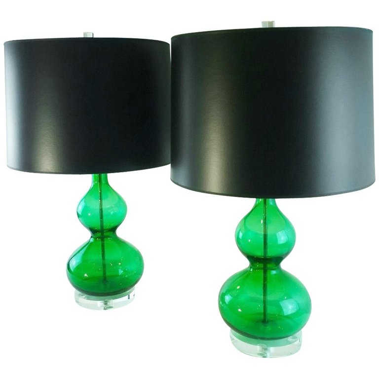 Pair Mid Century Modern Italian Murano, Emerald Green Lamps